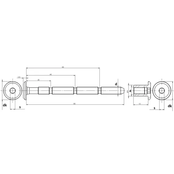 522KT06000A2 Комплект винт М6 Х 80 и гайка M6 X 12, ALU.A2 ARG анодированный алюм. - 1