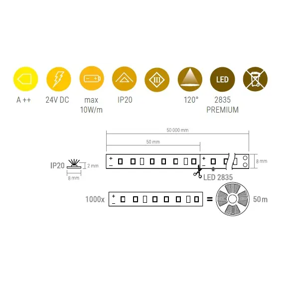 R-24-2835-50-20-40K-02 LED лента PREMIUM 120LED/1м 50 м 2835 IP20 8 мм 4000К 10W/1m - 1