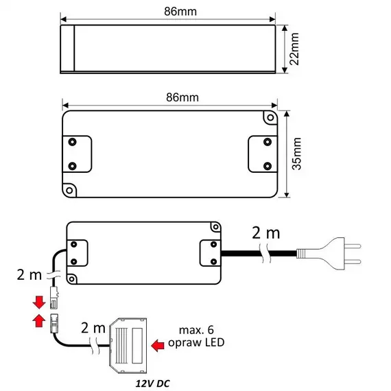 U12-007-SP-2C0-4W6 Блок питания LED STANDARD PLUS 7W 12VDC, черный провод 6 м, разветвитель 6 гнезд - 2