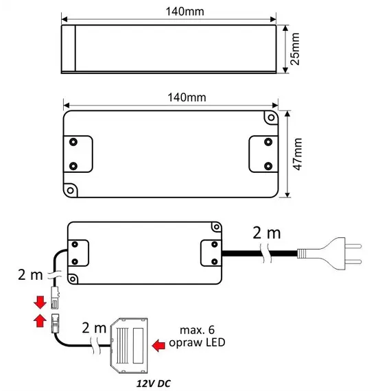 U12-033-SP-2C0-4W6 Блок питания LED STANDARD PLUS 33W 12VDC, черный провод 6 м, разветвитель 6 гнезд - 2