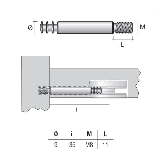 TE72FZ Дюбель стяжной M8x35мм, D9, цинк - 1