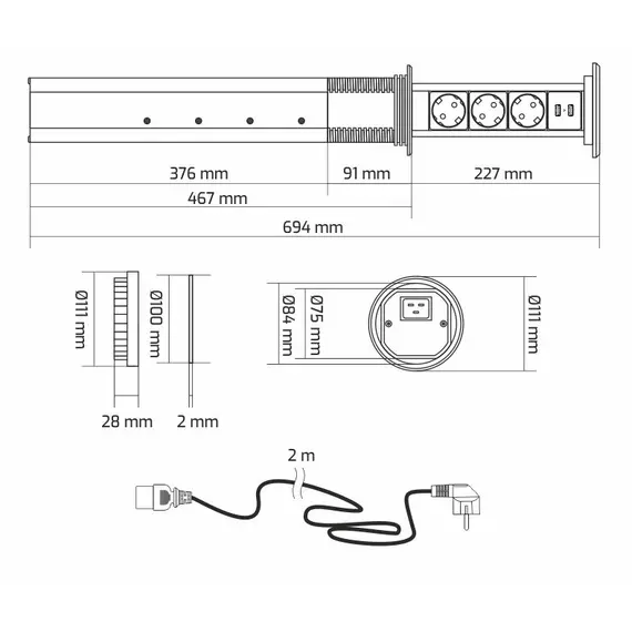 LIFTBOX-A-CZ-3DE-U-01 Удлинитель LIFT BOX автоматический 3xSchuco(розетка) 2xUSB, черный, провод 2 м - 3