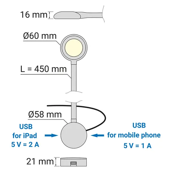 MODUS-T-USB-BI-30K-01 Светильник LED MODUS TOUCH 2xUSB 2,1W 12VDC 3000К, провод 1,5 м, белый - 5