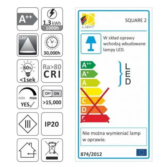 SQUARE2-BI-60K-01W Светильник LED SQUARE 2, 1,5W 12VDC 16LED 6000К, провод 2 м, белый - 2