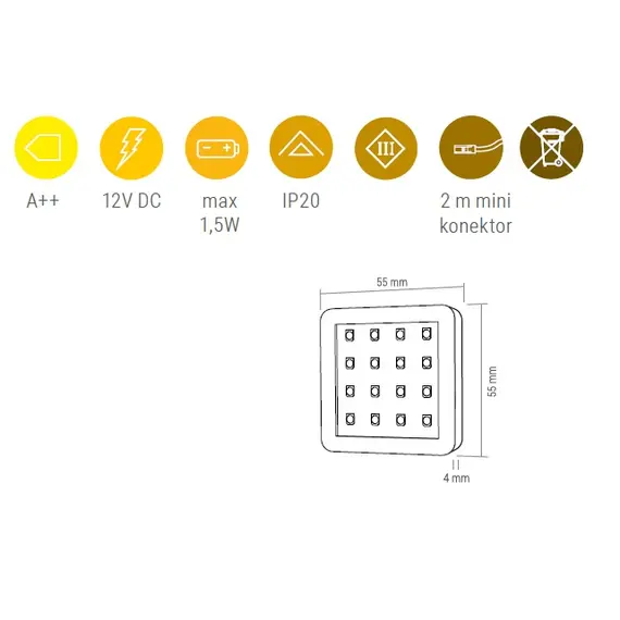 SQUARE2-BI-60K-01W Светильник LED SQUARE 2, 1,5W 12VDC 16LED 6000К, провод 2 м, белый - 1