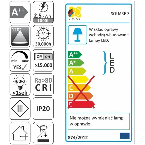 SQUARE3-BI-40K-01W Светильник LED SQUARE 3, 2,5W 12VDC 9LED 4000К, провод 2 м, белый - 2