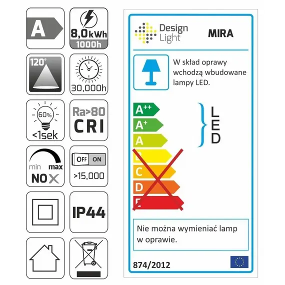 MIRA-U-30K-01 Светильник LED MIRA IP44 8W 230VAC 3000К, провод 30 см, хром - 5