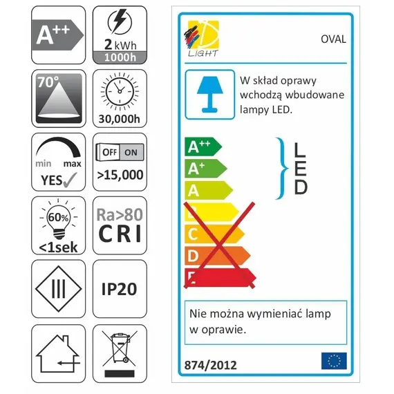 OVAL-2W-BI-DY-40K-01 Светильник LED OVAL накладной  2,0W 12VDC 4000K, провод 2 м, белый - 3