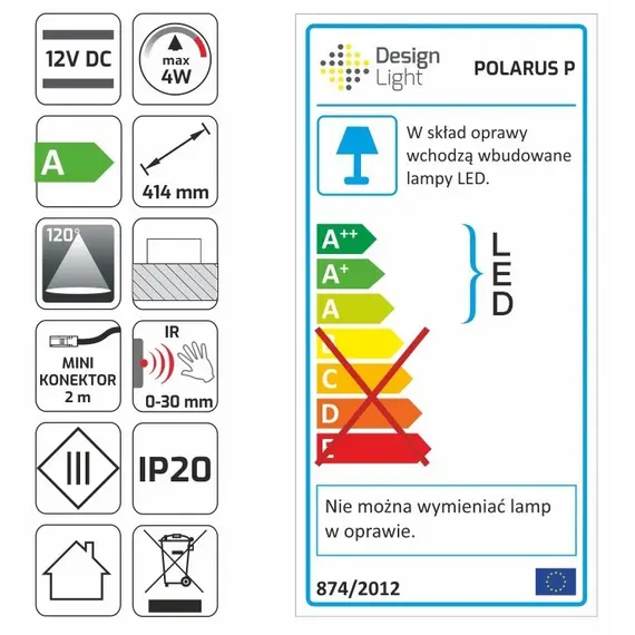 POLP-864-NU-01W Светильник LED POLARUS P 864 мм, 8W 12VDC 4000К, провод 2 м, молочный рассеиватель - 4