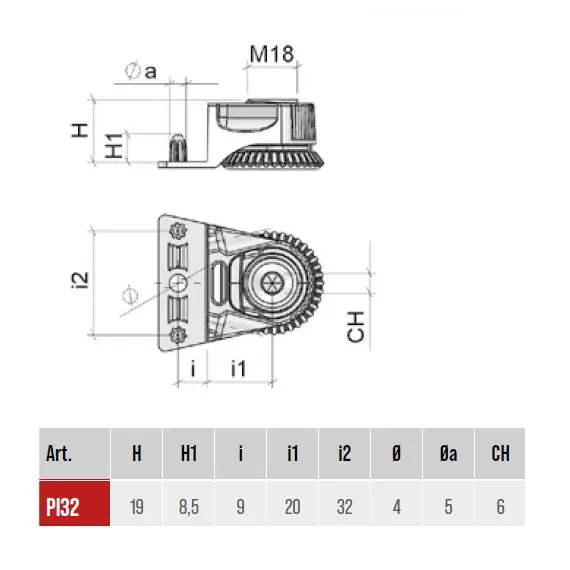 PI32ZL Опора регулируемая, 2 штыря d=5 мм - 1