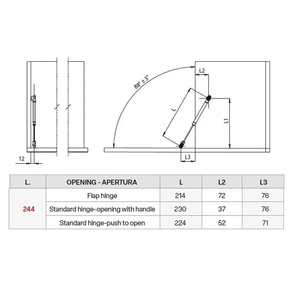 AMS244000ANTR Газлифт открытие вниз d=12мм 244мм, антрацит - 1