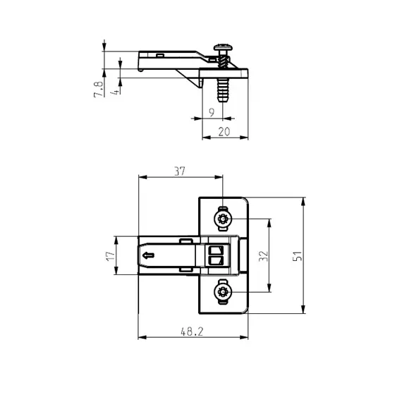 244-0955-650-MS Монтажная планка петли S-type F4 мм с дюбелем (для петли 248-0951-650) - 1