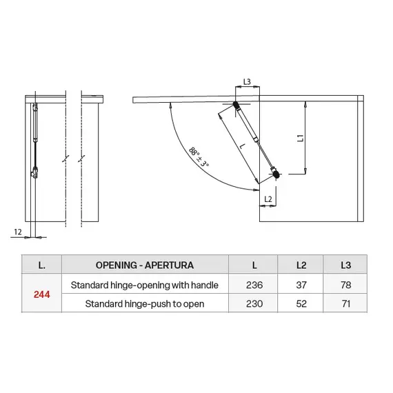 MGS244100NCHA1 Газлифт открытие вверх d=12мм 244мм 100N, шампань - 1