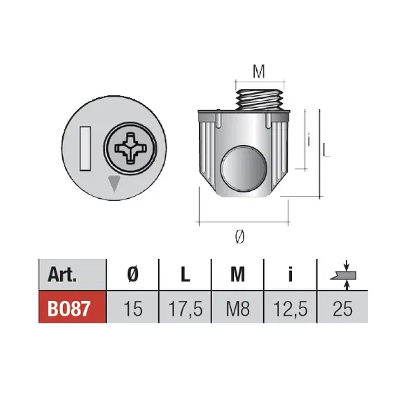 BO87ZZ Стяжка-бочонок TRIO D15х17,5 мм М8, цинк - 1
