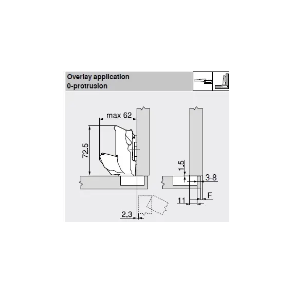 71B7590 Петля Clip top Blumotion с большим углом открывания с нулевым вхождением 155°, накладная, чашка петли: INSERTA, никель - 1