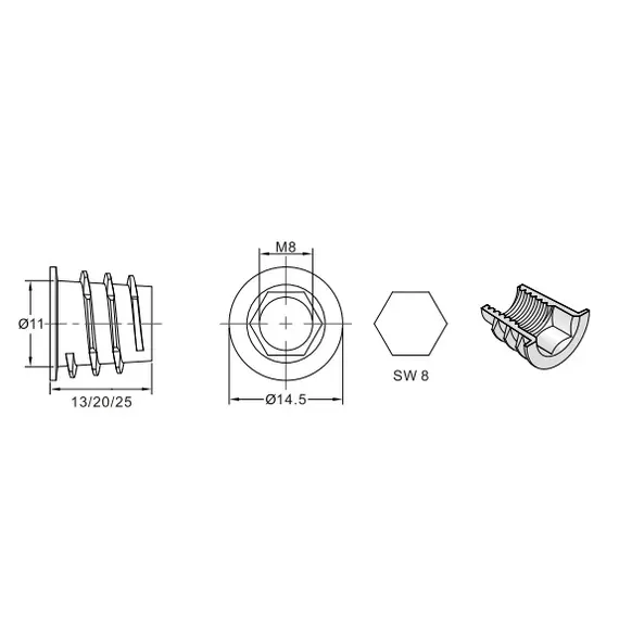 153-8013-205A-WZ Футорка серии 153, M8, 13х11мм, металл - 1