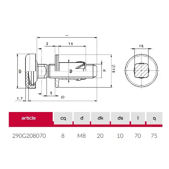 Опора регулируемая M8X70 арт.290G208070Z - 3