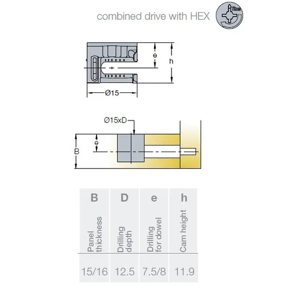 Эксцентрик мебельный Titus System 5 CAM 5000 15x10,9мм для плиты 15/16 мм. Арт: 009699-885-301 - 3