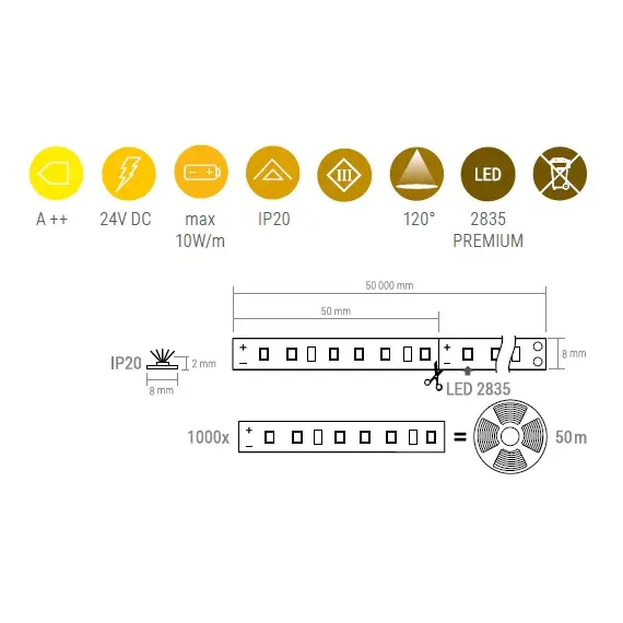 LED лента PREMIUM 120LED/1м 50 м 2835 IP20 8 мм 3000К 10W/1m арт.R-24-2835-50-20-30K-02 - 8