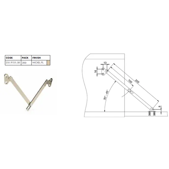Кронштейн складной Metalimpex 200 мм угол открывания 30-45 градусов, никель. Арт: 251.9151.50 - 13