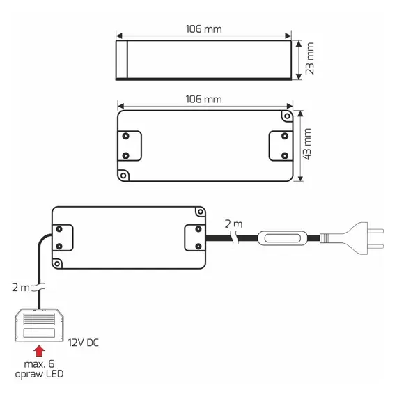 Блок питания LED STANDARD PLUS 12W 12VDC, черный провод 4 м, ручной выключатель, разветвитель 6 гнезд арт.U12-012-SP-2C1-206 - 30