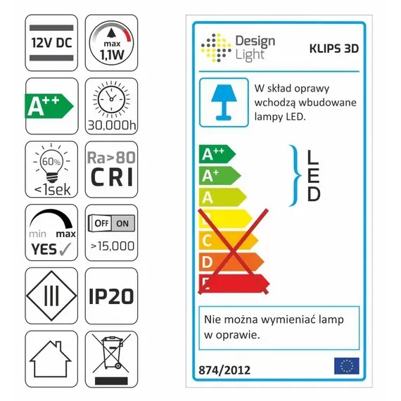Светильник LED KLIPS 3D 1,1W 12VDC 3000К, провод 2 м, черный арт.KLIPS-3D-CZ-30K-01 - 59