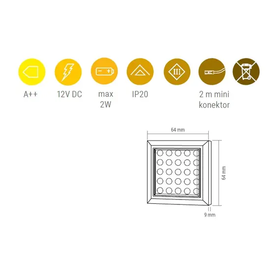 Светильник LED SQUARE XL, 2,0W 12VDC 25LED 3000К, провод 2 м, алюминий арт.SQUARE-XL-AL-60K-01 - 20