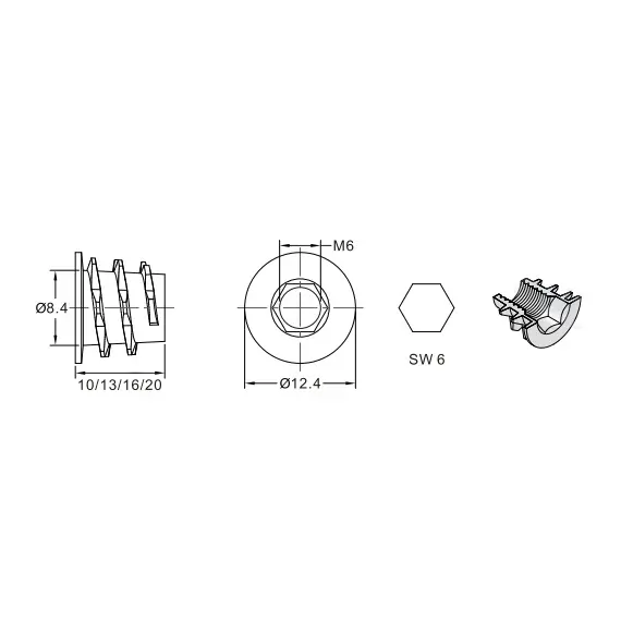 Футорка, M6, 13х8,5мм, серия 153, металл арт.153-3391-205A-WZ