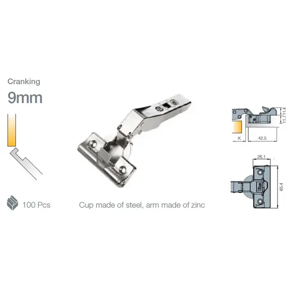 Петля мебельная Titus T-Type Glissando угловая 45 градусов с доводчиком 110/45/9 мм для машинной установки. Арт: 701-0D88-650-00 - 3